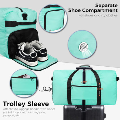 65L Duffle Bag with Shoes Compartment, Foldable Travel Duffel Bags for Men Women, Large Packable Travel Bag Water Repellent & Tear Resistant (Black)
