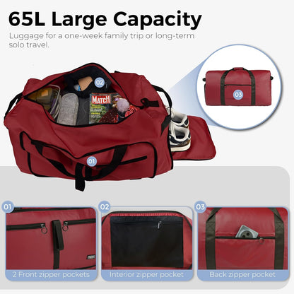 65L Duffle Bag with Shoes Compartment, Foldable Travel Duffel Bags for Men Women, Large Packable Travel Bag Water Repellent & Tear Resistant (Black)