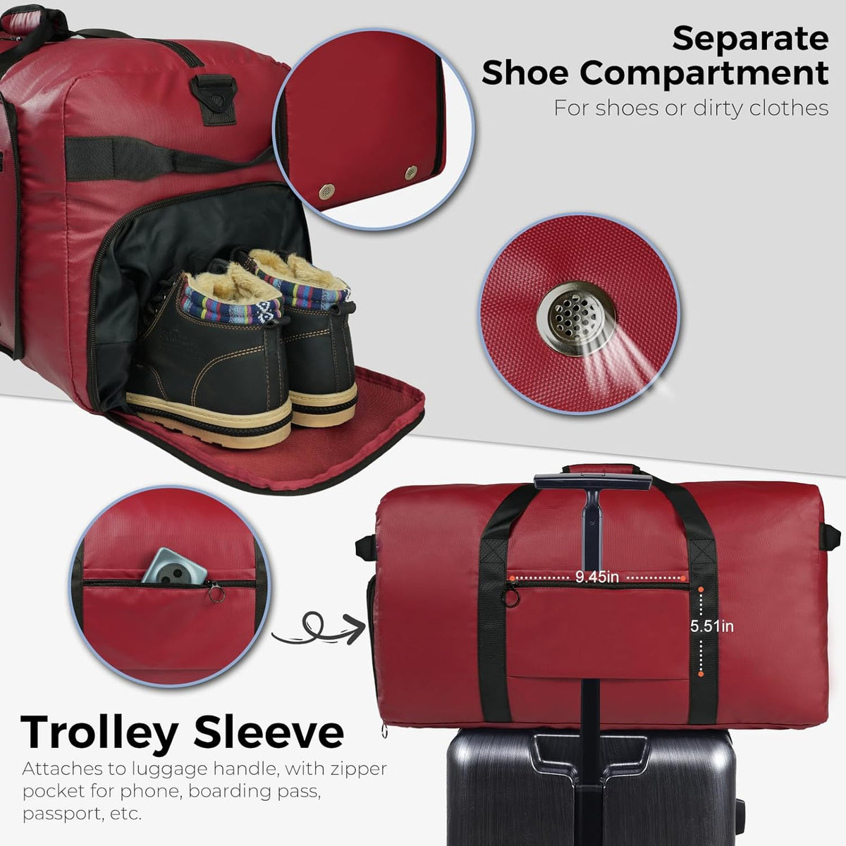 65L Duffle Bag with Shoes Compartment, Foldable Travel Duffel Bags for Men Women, Large Packable Travel Bag Water Repellent & Tear Resistant (Black)