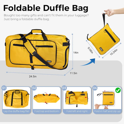 65L Duffle Bag with Shoes Compartment, Foldable Travel Duffel Bags for Men Women, Large Packable Travel Bag Water Repellent & Tear Resistant (Black)