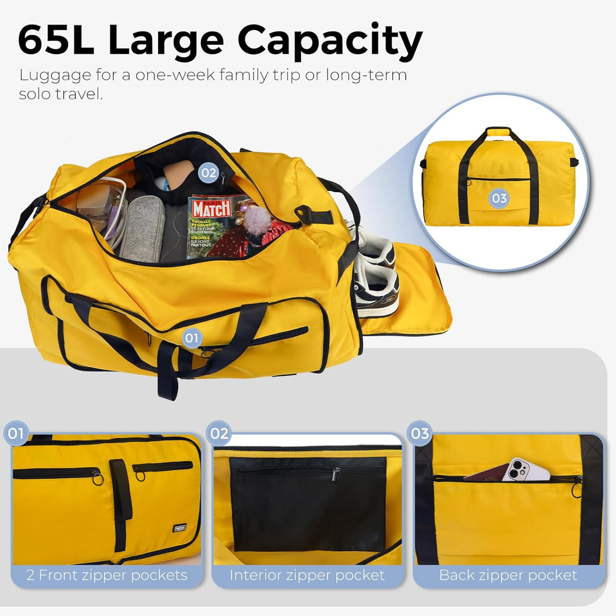 65L Duffle Bag with Shoes Compartment, Foldable Travel Duffel Bags for Men Women, Large Packable Travel Bag Water Repellent & Tear Resistant (Black)