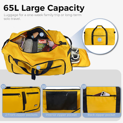 65L Duffle Bag with Shoes Compartment, Foldable Travel Duffel Bags for Men Women, Large Packable Travel Bag Water Repellent & Tear Resistant (Black)