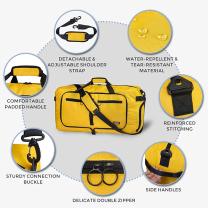65L Duffle Bag with Shoes Compartment, Foldable Travel Duffel Bags for Men Women, Large Packable Travel Bag Water Repellent & Tear Resistant (Black)
