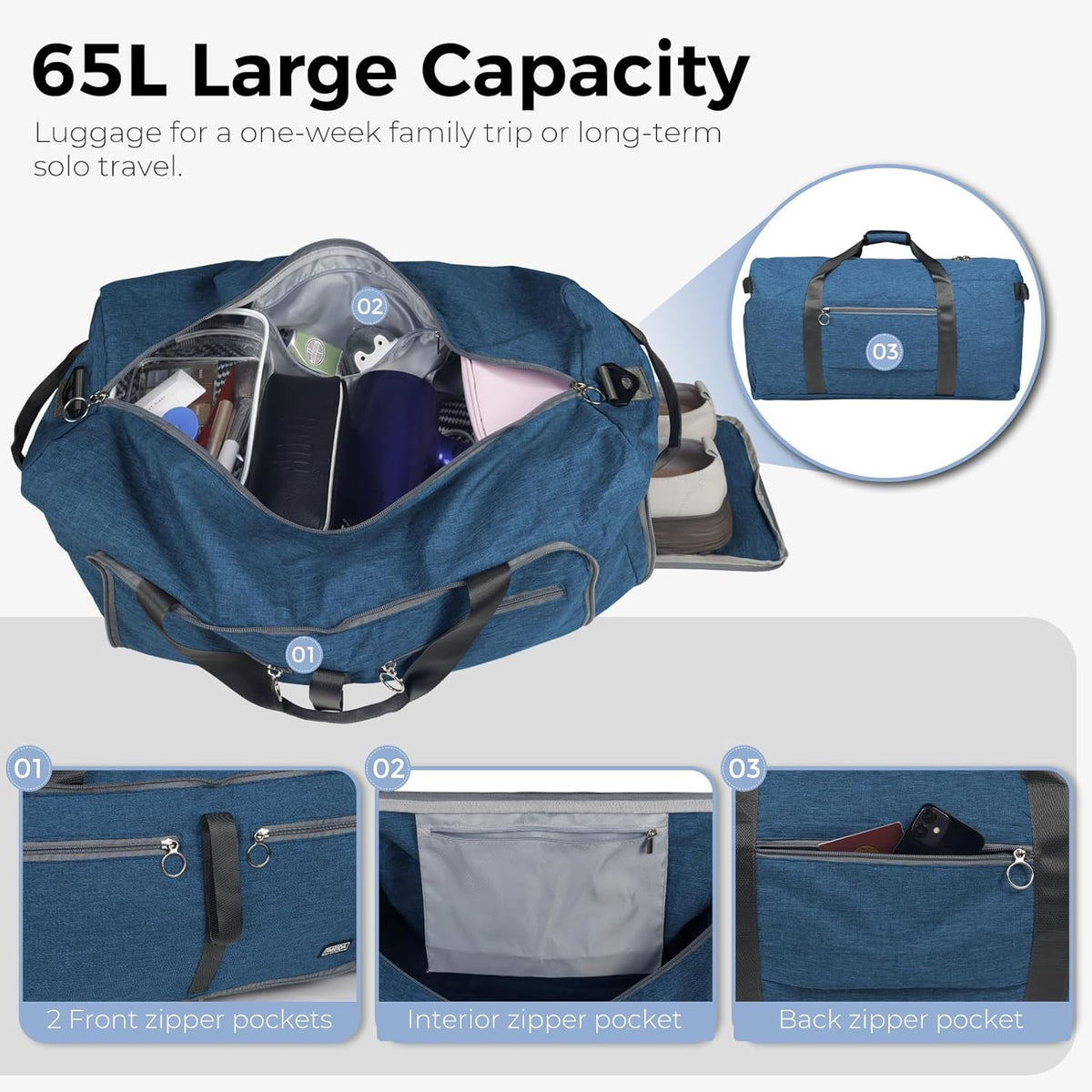 65L Duffle Bag with Shoes Compartment, Foldable Travel Duffel Bags for Men Women, Large Packable Travel Bag Water Repellent & Tear Resistant (Black)