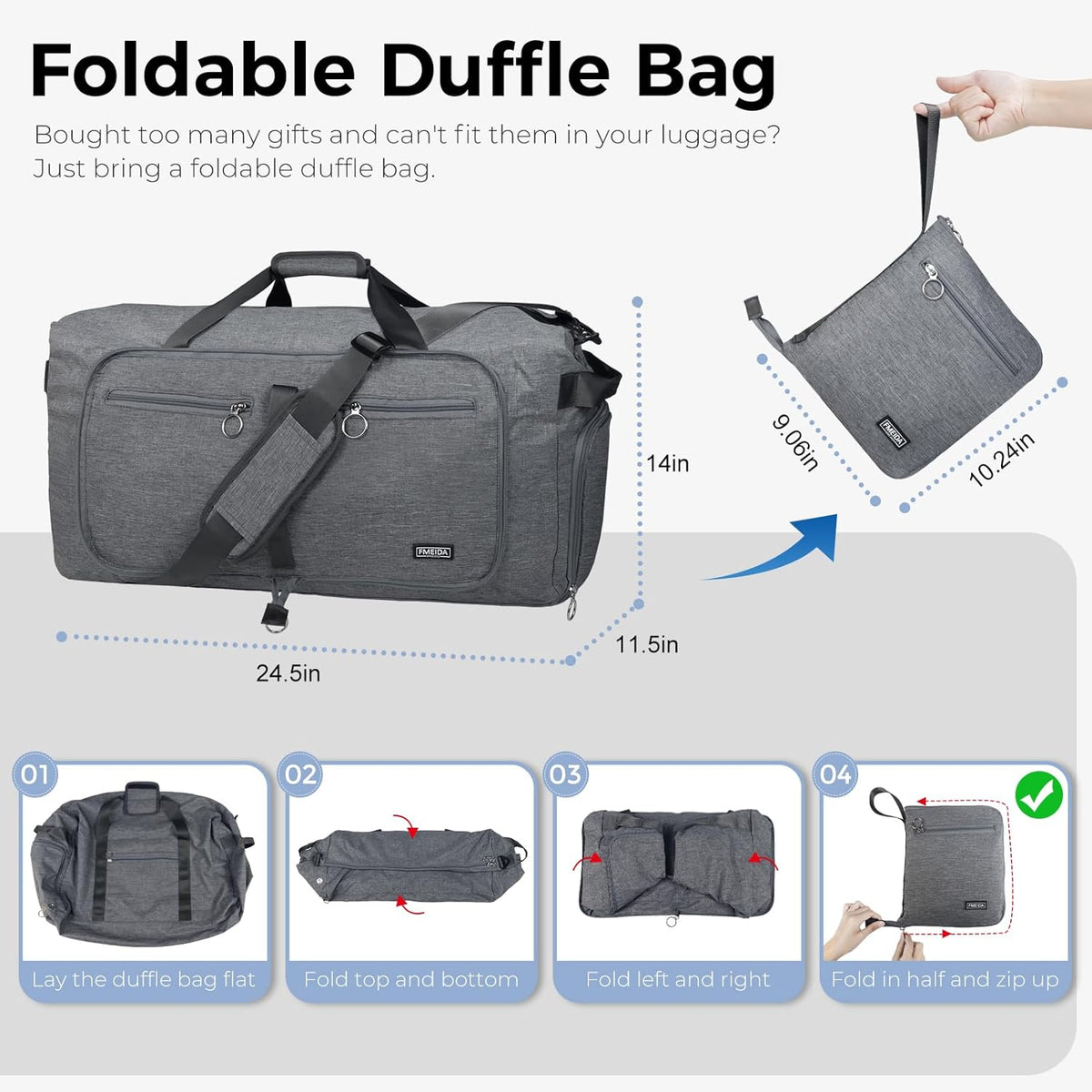 65L Duffle Bag with Shoes Compartment, Foldable Travel Duffel Bags for Men Women, Large Packable Travel Bag Water Repellent & Tear Resistant (Black)