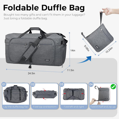 65L Duffle Bag with Shoes Compartment, Foldable Travel Duffel Bags for Men Women, Large Packable Travel Bag Water Repellent & Tear Resistant (Black)