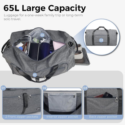 65L Duffle Bag with Shoes Compartment, Foldable Travel Duffel Bags for Men Women, Large Packable Travel Bag Water Repellent & Tear Resistant (Black)