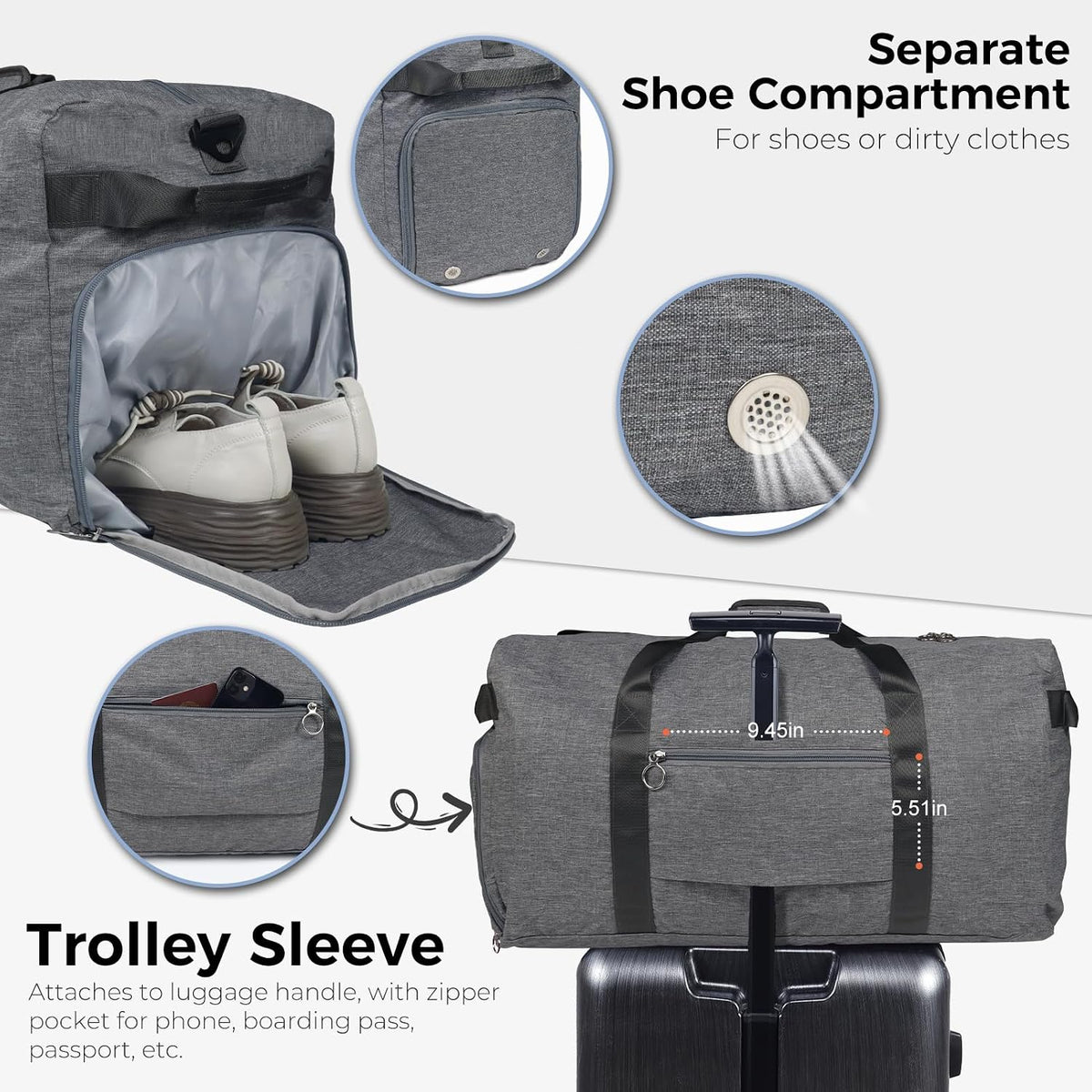 65L Duffle Bag with Shoes Compartment, Foldable Travel Duffel Bags for Men Women, Large Packable Travel Bag Water Repellent & Tear Resistant (Black)