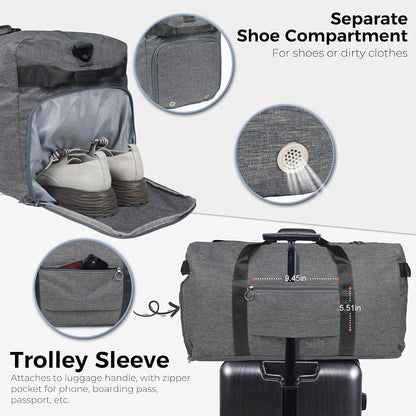 65L Duffle Bag with Shoes Compartment, Foldable Travel Duffel Bags for Men Women, Large Packable Travel Bag Water Repellent & Tear Resistant (Black)