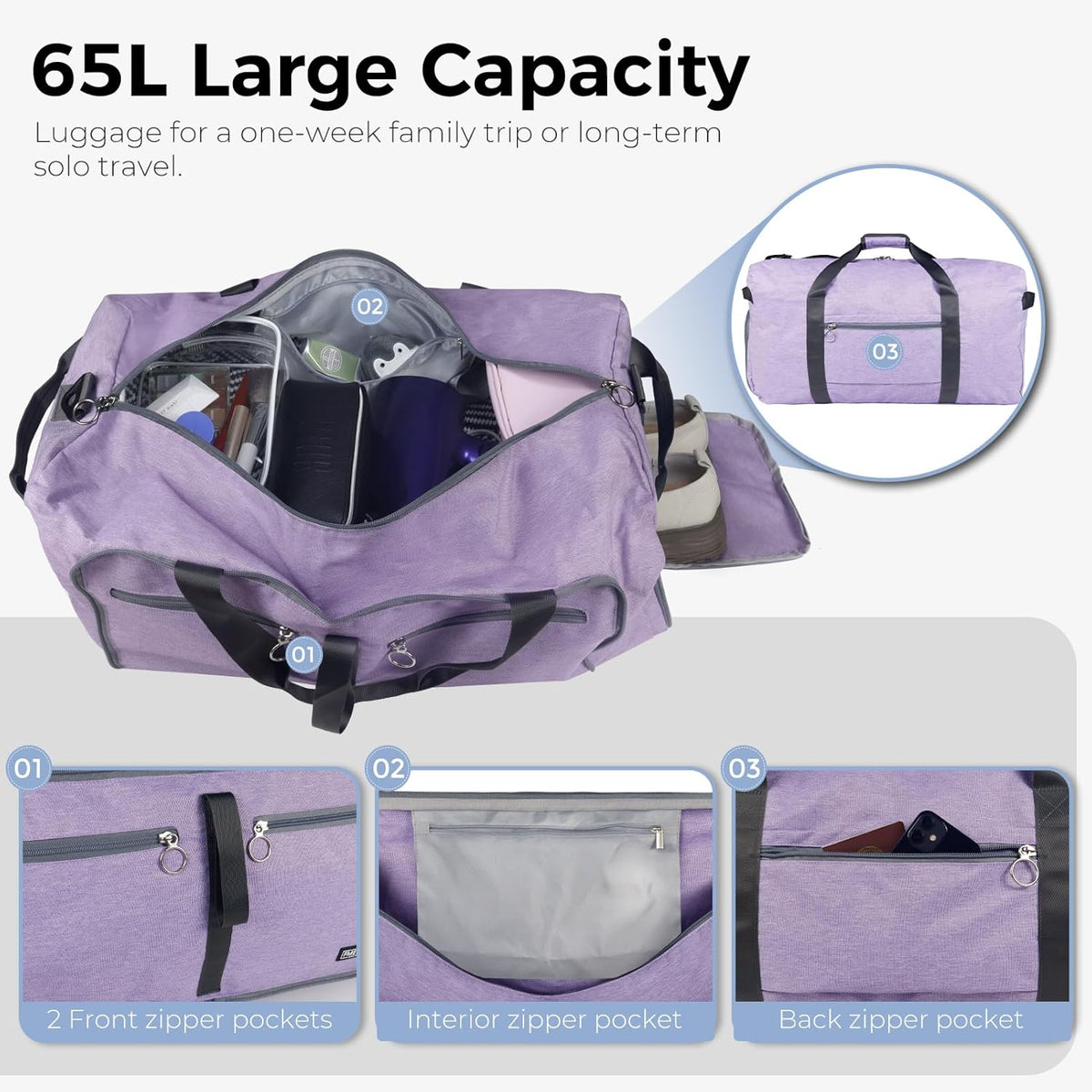 65L Duffle Bag with Shoes Compartment, Foldable Travel Duffel Bags for Men Women, Large Packable Travel Bag Water Repellent & Tear Resistant (Black)