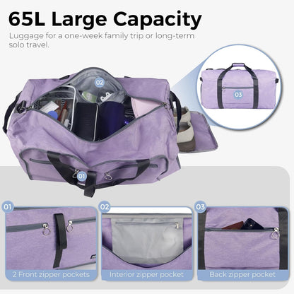 65L Duffle Bag with Shoes Compartment, Foldable Travel Duffel Bags for Men Women, Large Packable Travel Bag Water Repellent & Tear Resistant (Black)