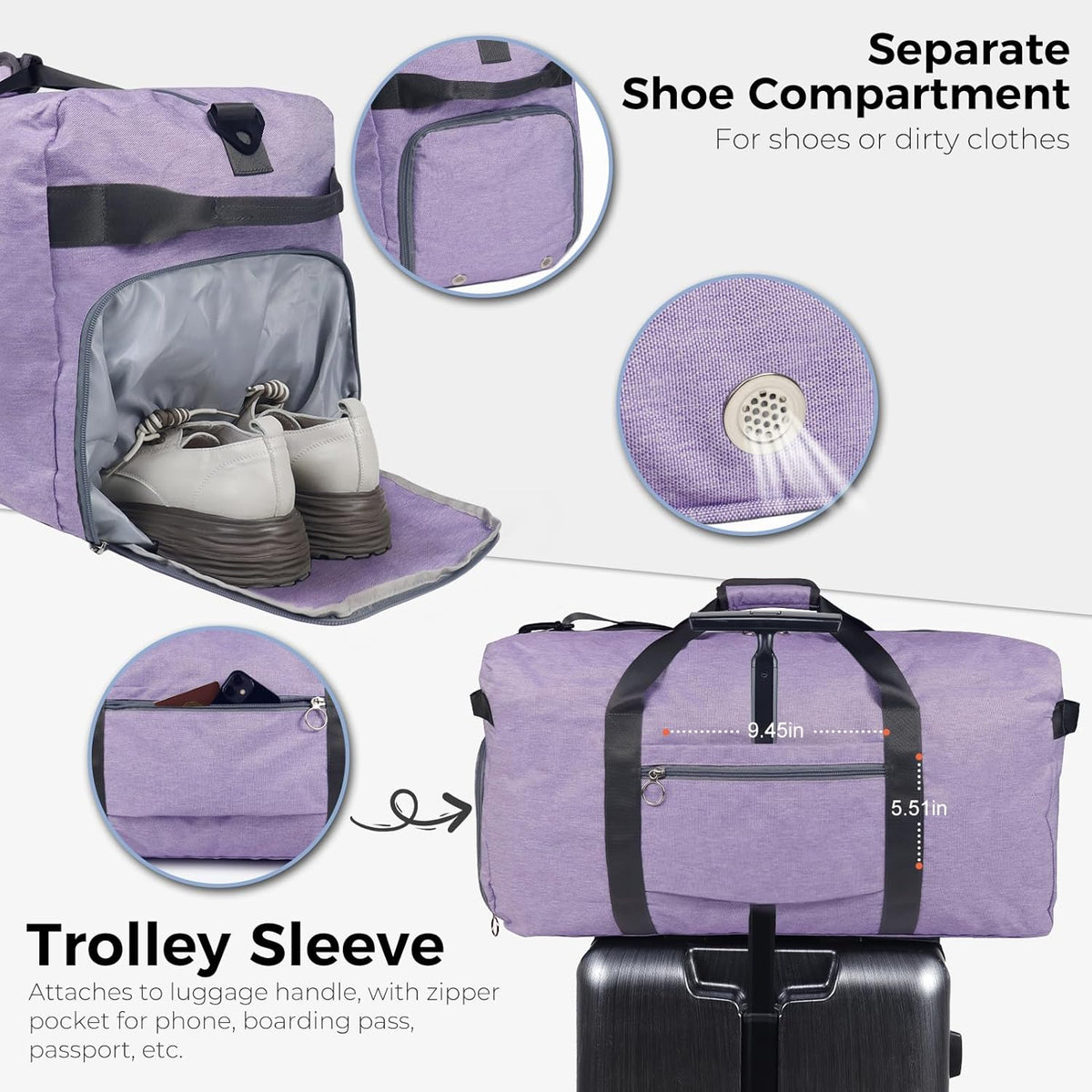 65L Duffle Bag with Shoes Compartment, Foldable Travel Duffel Bags for Men Women, Large Packable Travel Bag Water Repellent & Tear Resistant (Black)