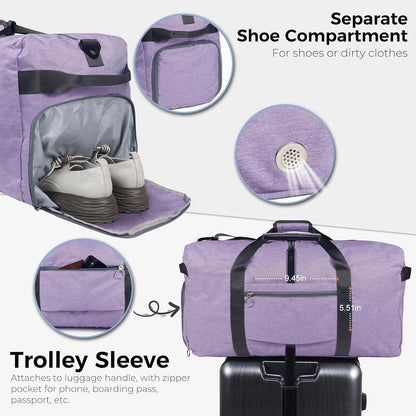 65L Duffle Bag with Shoes Compartment, Foldable Travel Duffel Bags for Men Women, Large Packable Travel Bag Water Repellent & Tear Resistant (Black)