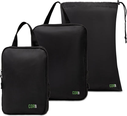 Compression Packing Cubes Travel Organizers plus Laundry or Shoe Bag with YKK Zippers (Black)