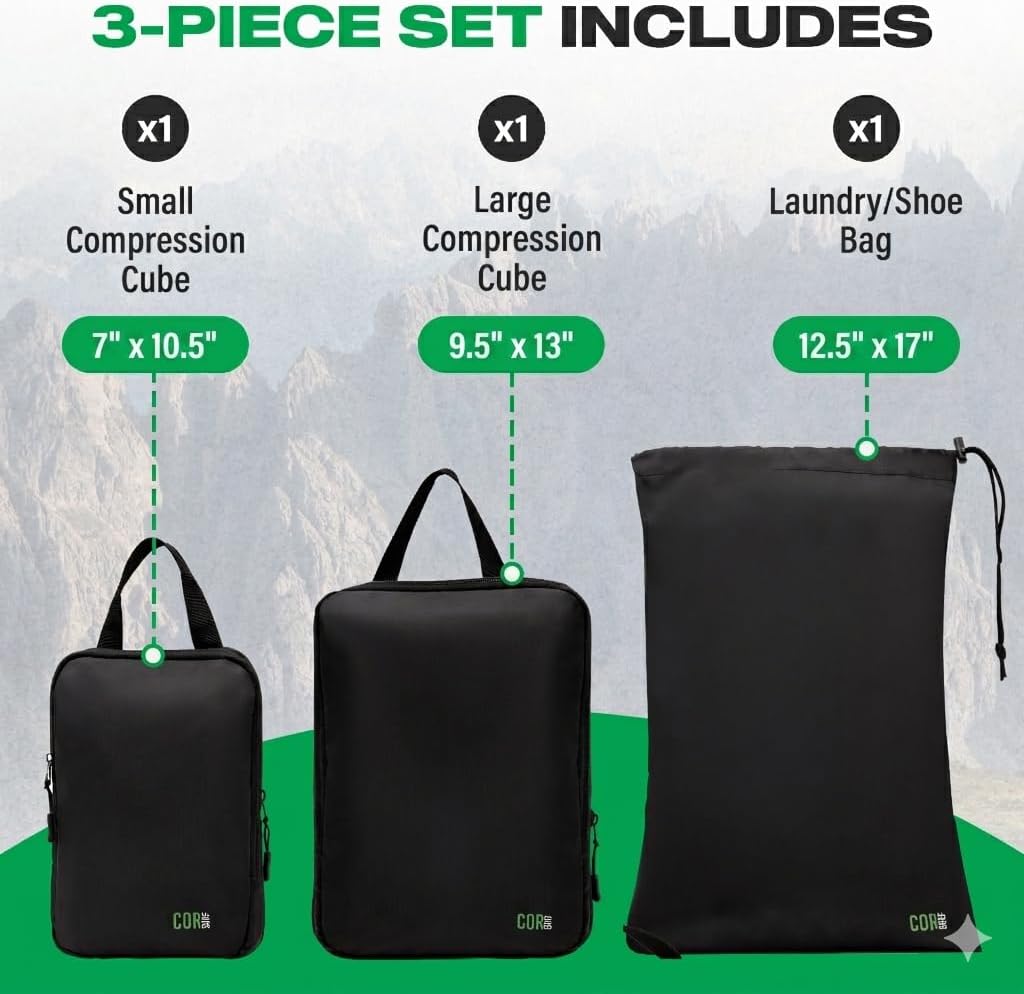 Compression Packing Cubes Travel Organizers plus Laundry or Shoe Bag with YKK Zippers (Black)