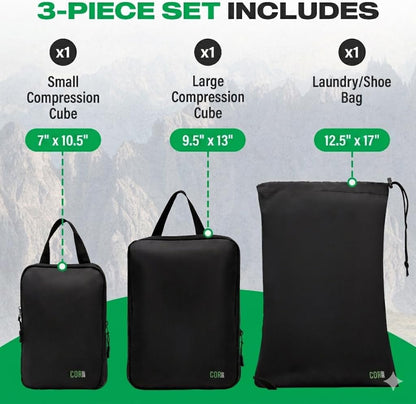 Compression Packing Cubes Travel Organizers plus Laundry or Shoe Bag with YKK Zippers (Black)