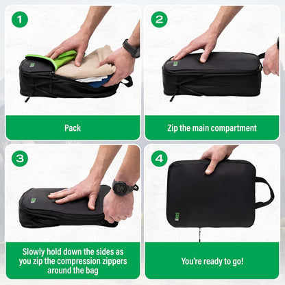 Compression Packing Cubes Travel Organizers plus Laundry or Shoe Bag with YKK Zippers (Black)