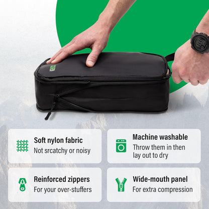 Compression Packing Cubes Travel Organizers plus Laundry or Shoe Bag with YKK Zippers (Black)