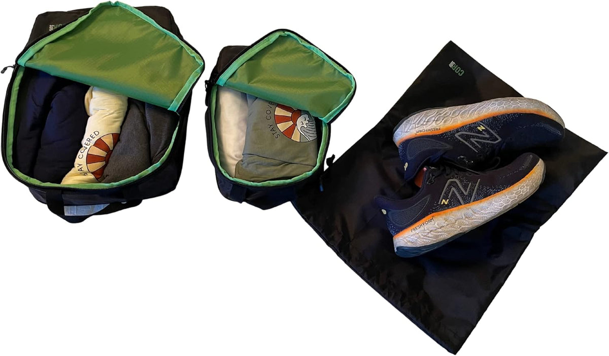 Compression Packing Cubes Travel Organizers plus Laundry or Shoe Bag with YKK Zippers (Black)