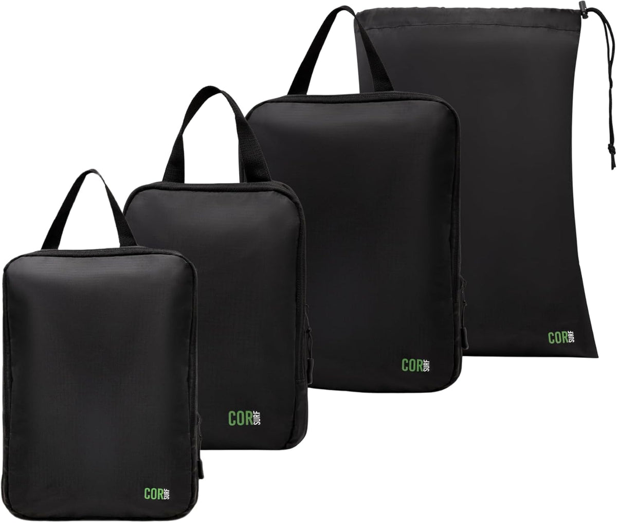 Compression Packing Cubes Travel Organizers plus Laundry or Shoe Bag with YKK Zippers (Black)