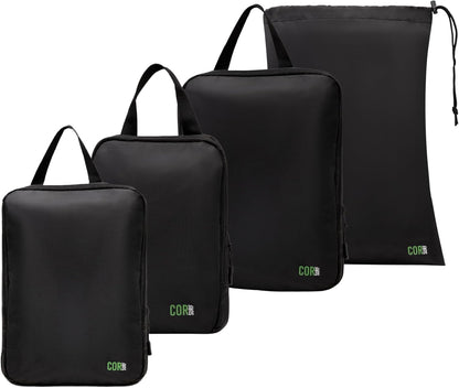 Compression Packing Cubes Travel Organizers plus Laundry or Shoe Bag with YKK Zippers (Black)