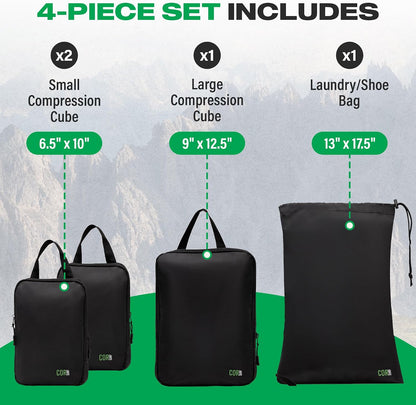 Compression Packing Cubes Travel Organizers plus Laundry or Shoe Bag with YKK Zippers (Black)