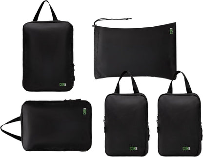 Compression Packing Cubes Travel Organizers plus Laundry or Shoe Bag with YKK Zippers (Black)