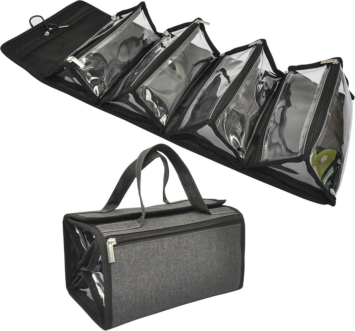 Large Capacity Hanging Eco Polyester Travel Toiletry Bag Makeup Cosmetic Bag 4-in-1 Roll-Up Make Up Storage Organizer With 4 detachable Removable Zipper Clear TPU Pouches & Hook