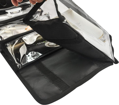 Large Capacity Hanging Eco Polyester Travel Toiletry Bag Makeup Cosmetic Bag 4-in-1 Roll-Up Make Up Storage Organizer With 4 detachable Removable Zipper Clear TPU Pouches & Hook