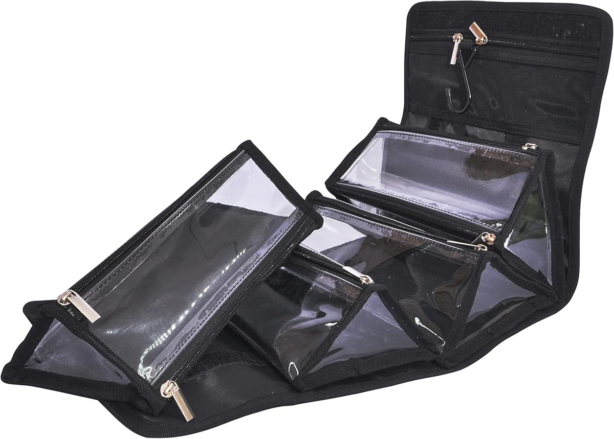 Large Capacity Hanging Eco Polyester Travel Toiletry Bag Makeup Cosmetic Bag 4-in-1 Roll-Up Make Up Storage Organizer With 4 detachable Removable Zipper Clear TPU Pouches & Hook