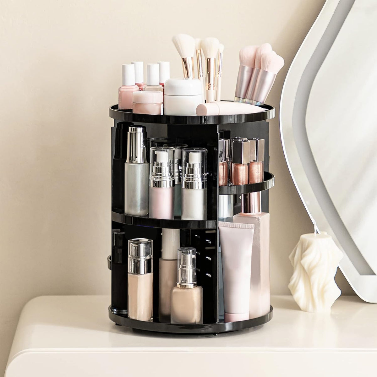 360 Rotating Makeup Organizer Adjustable Carousel Large Capacity Revolving Perfume Organizer Skincare Organizers Cosmetic Storage Spinning Holder for Vanity, Black