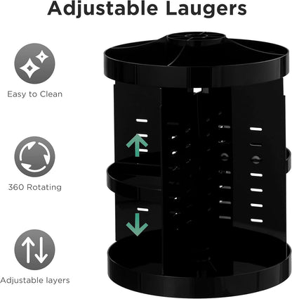 360 Rotating Makeup Organizer Adjustable Carousel Large Capacity Revolving Perfume Organizer Skincare Organizers Cosmetic Storage Spinning Holder for Vanity, Black