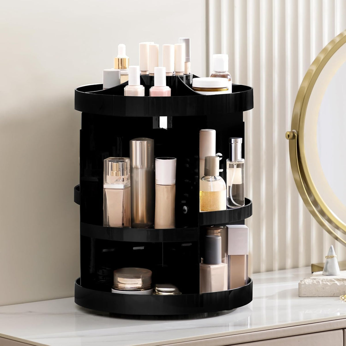 360 Rotating Makeup Organizer Adjustable Carousel Large Capacity Revolving Perfume Organizer Skincare Organizers Cosmetic Storage Spinning Holder for Vanity, Black