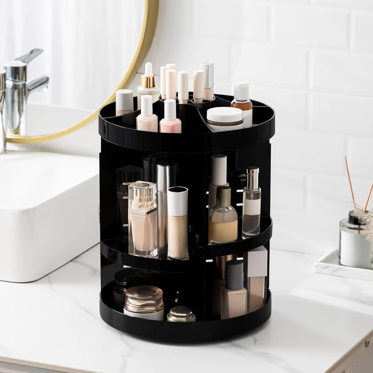 360 Rotating Makeup Organizer Adjustable Carousel Large Capacity Revolving Perfume Organizer Skincare Organizers Cosmetic Storage Spinning Holder for Vanity, Black