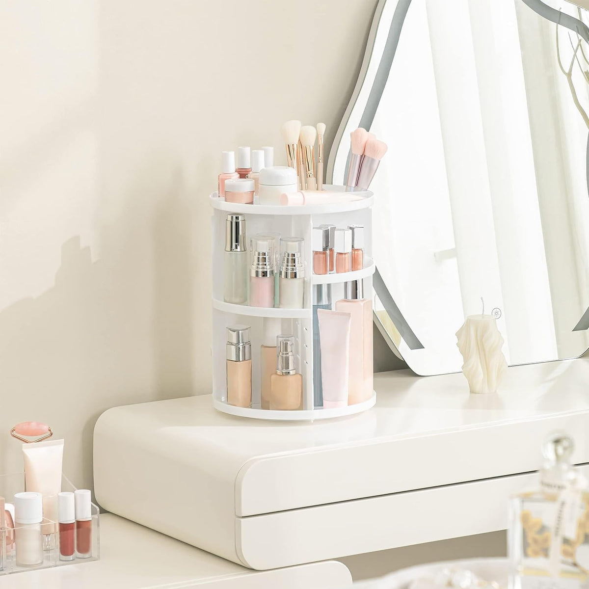 360 Rotating Makeup Organizer Adjustable Carousel Large Capacity Revolving Perfume Organizer Skincare Organizers Cosmetic Storage Spinning Holder for Vanity, Black