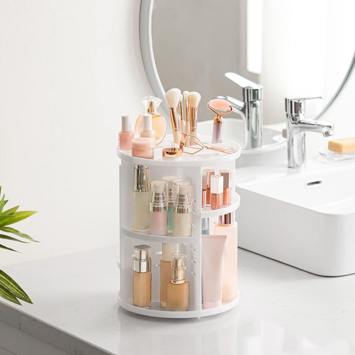 360 Rotating Makeup Organizer Adjustable Carousel Large Capacity Revolving Perfume Organizer Skincare Organizers Cosmetic Storage Spinning Holder for Vanity, Black