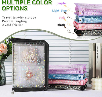 Jewelry Organizer Case Travel Clear Earring Organizer Case Transparent Jewelry Storage Book with Clear Zippered Jewelry Pouch (Black, with 48 Pcs large Jewelry Pouches)