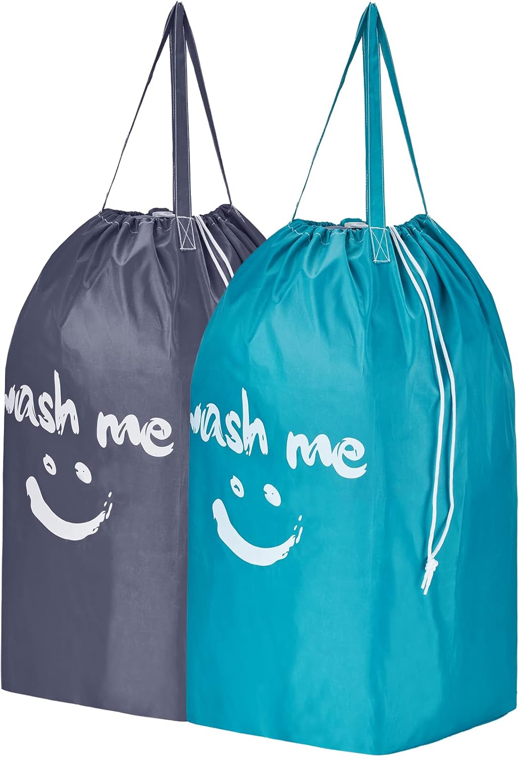 2 Pack Wash Me Travel Laundry Bag with Handles, Square Base Can Carry Up to 3 Loads of Clothes, Dirty Garments Storage with Drawstring Closure,Light Blue and Grey
