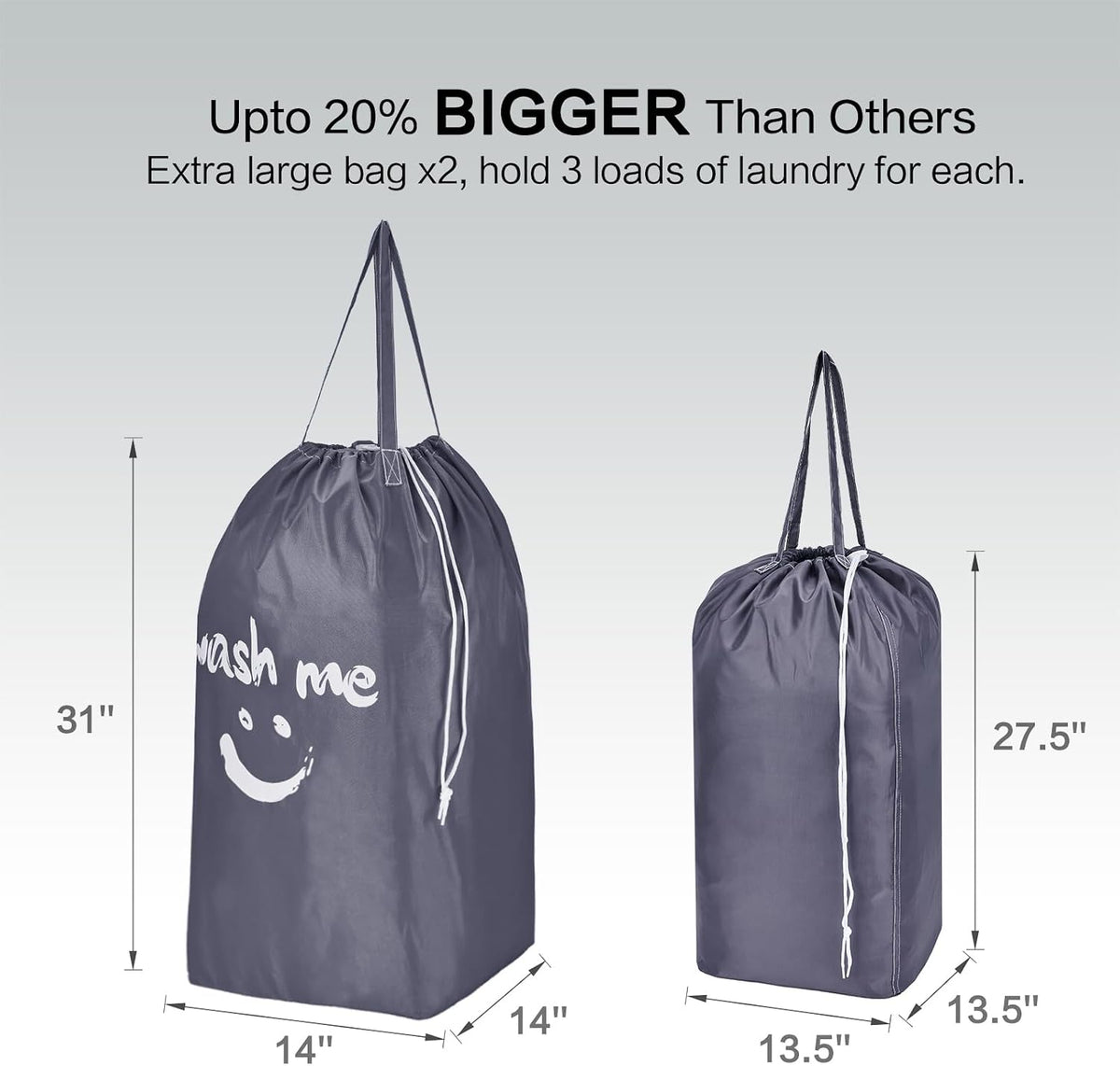 2 Pack Wash Me Travel Laundry Bag with Handles, Square Base Can Carry Up to 3 Loads of Clothes, Dirty Garments Storage with Drawstring Closure,Light Blue and Grey