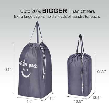 2 Pack Wash Me Travel Laundry Bag with Handles, Square Base Can Carry Up to 3 Loads of Clothes, Dirty Garments Storage with Drawstring Closure,Light Blue and Grey