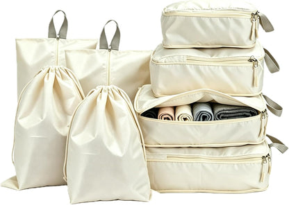 8 Set Packing Cubes for Travel with Shoe & Dirty Clothes Bag, White Luggage Organizers Carry-On, Cruise Must-Haves Packing List, Airplane Vacation Essentials