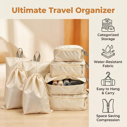 8 Set Packing Cubes for Travel with Shoe & Dirty Clothes Bag, White Luggage Organizers Carry-On, Cruise Must-Haves Packing List, Airplane Vacation Essentials