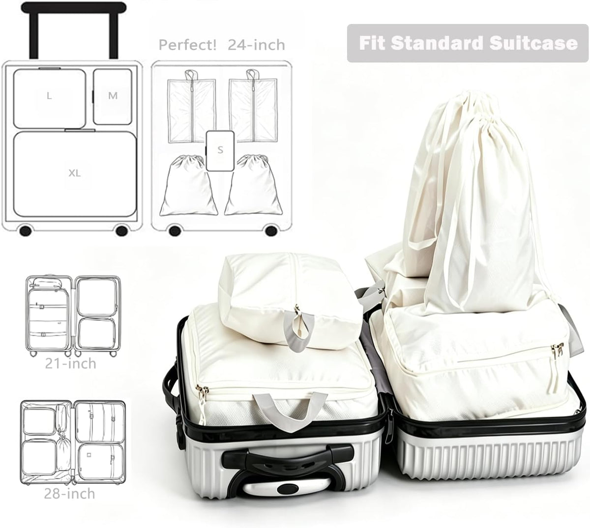 8 Set Packing Cubes for Travel with Shoe & Dirty Clothes Bag, White Luggage Organizers Carry-On, Cruise Must-Haves Packing List, Airplane Vacation Essentials