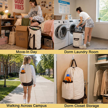 Laundry Bag Backpack with Shoulder Straps and Detergent Holder Clothes, Travel Laundry Backpack Bag Hamper for College (Khaki w Brown)