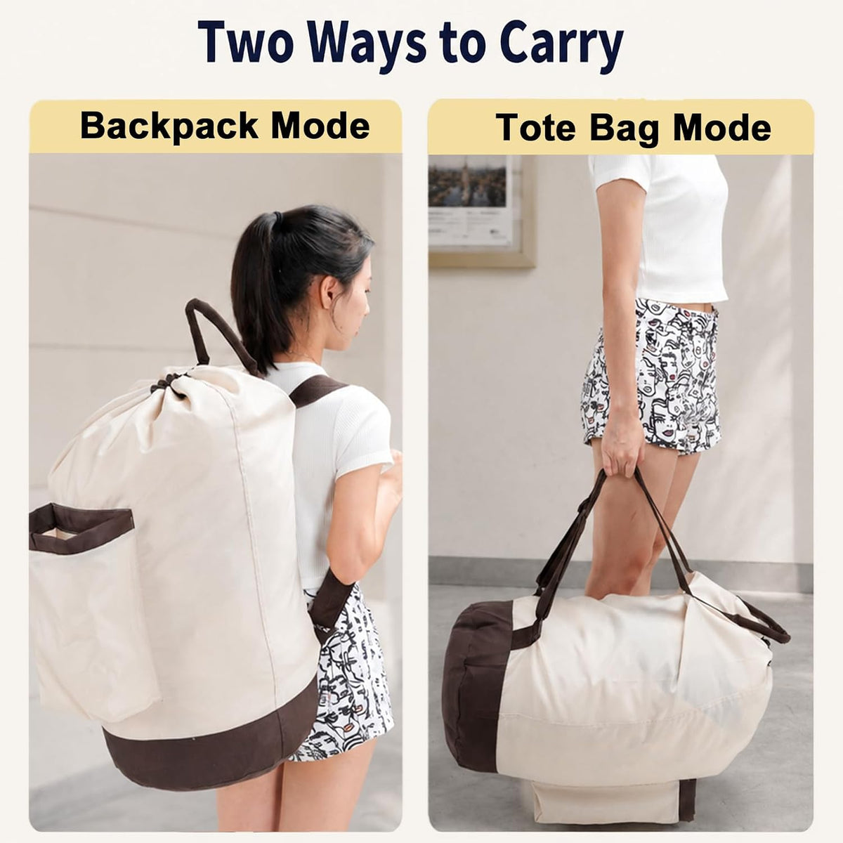 Laundry Bag Backpack with Shoulder Straps and Detergent Holder Clothes, Travel Laundry Backpack Bag Hamper for College (Khaki w Brown)