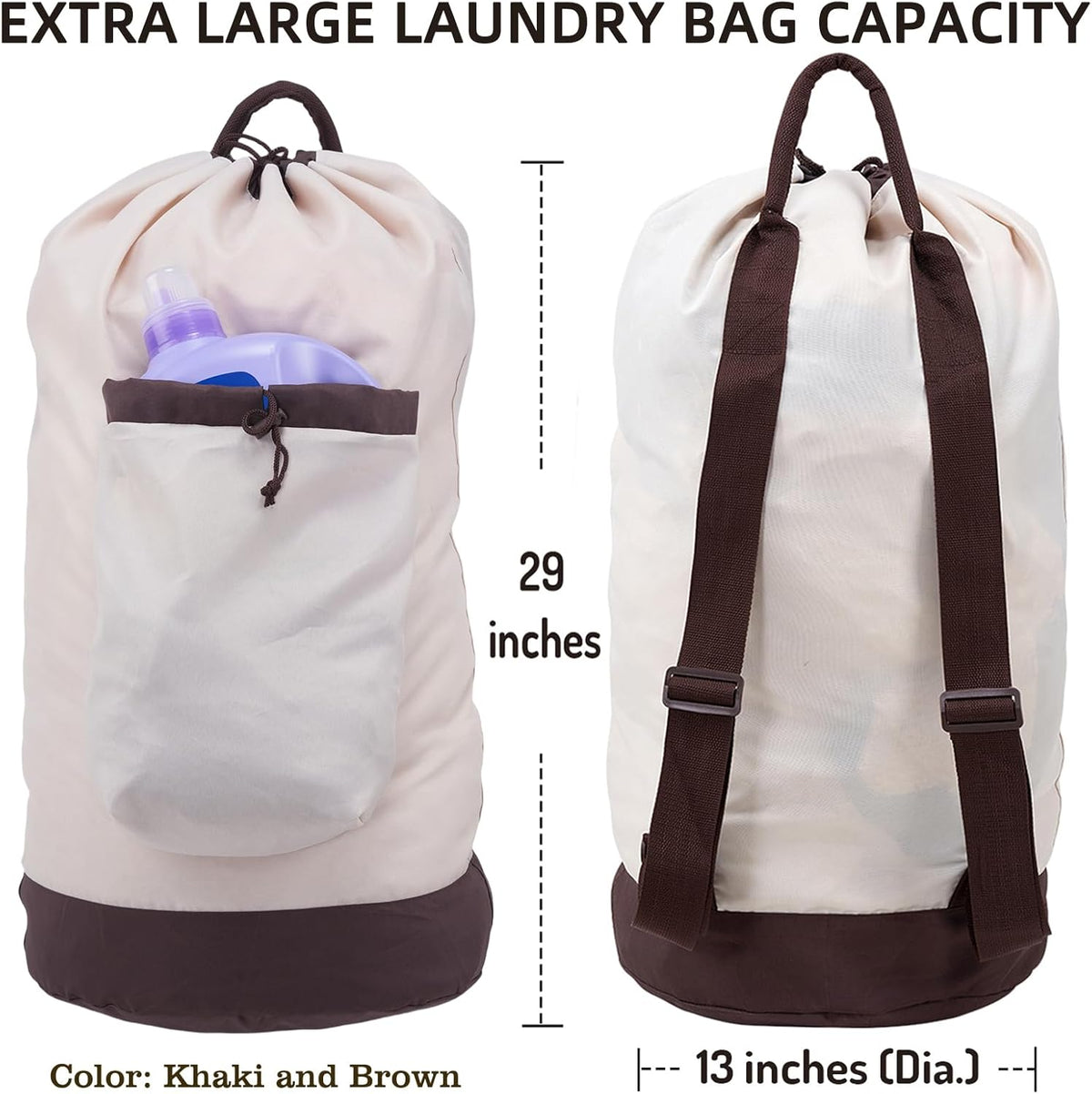 Laundry Bag Backpack with Shoulder Straps and Detergent Holder Clothes, Travel Laundry Backpack Bag Hamper for College (Khaki w Brown)