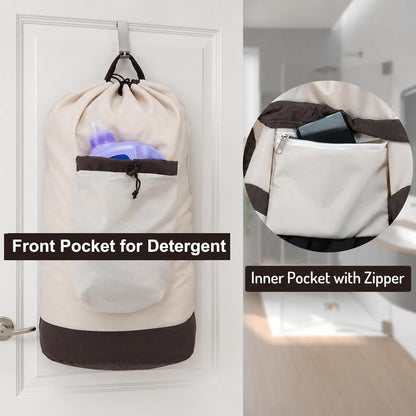 Laundry Bag Backpack with Shoulder Straps and Detergent Holder Clothes, Travel Laundry Backpack Bag Hamper for College (Khaki w Brown)