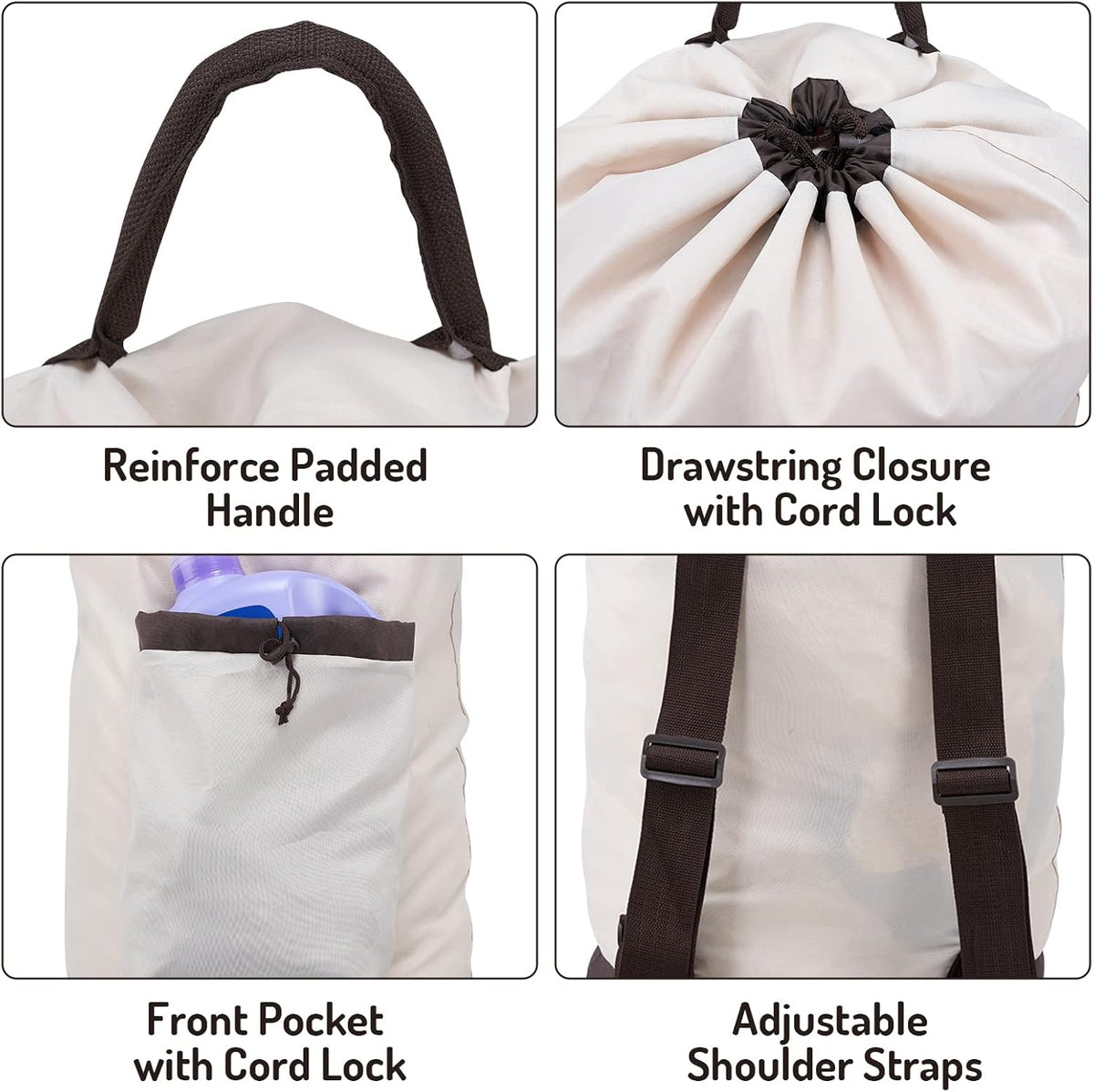 Laundry Bag Backpack with Shoulder Straps and Detergent Holder Clothes, Travel Laundry Backpack Bag Hamper for College (Khaki w Brown)