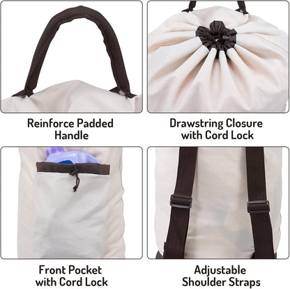 Laundry Bag Backpack with Shoulder Straps and Detergent Holder Clothes, Travel Laundry Backpack Bag Hamper for College (Khaki w Brown)
