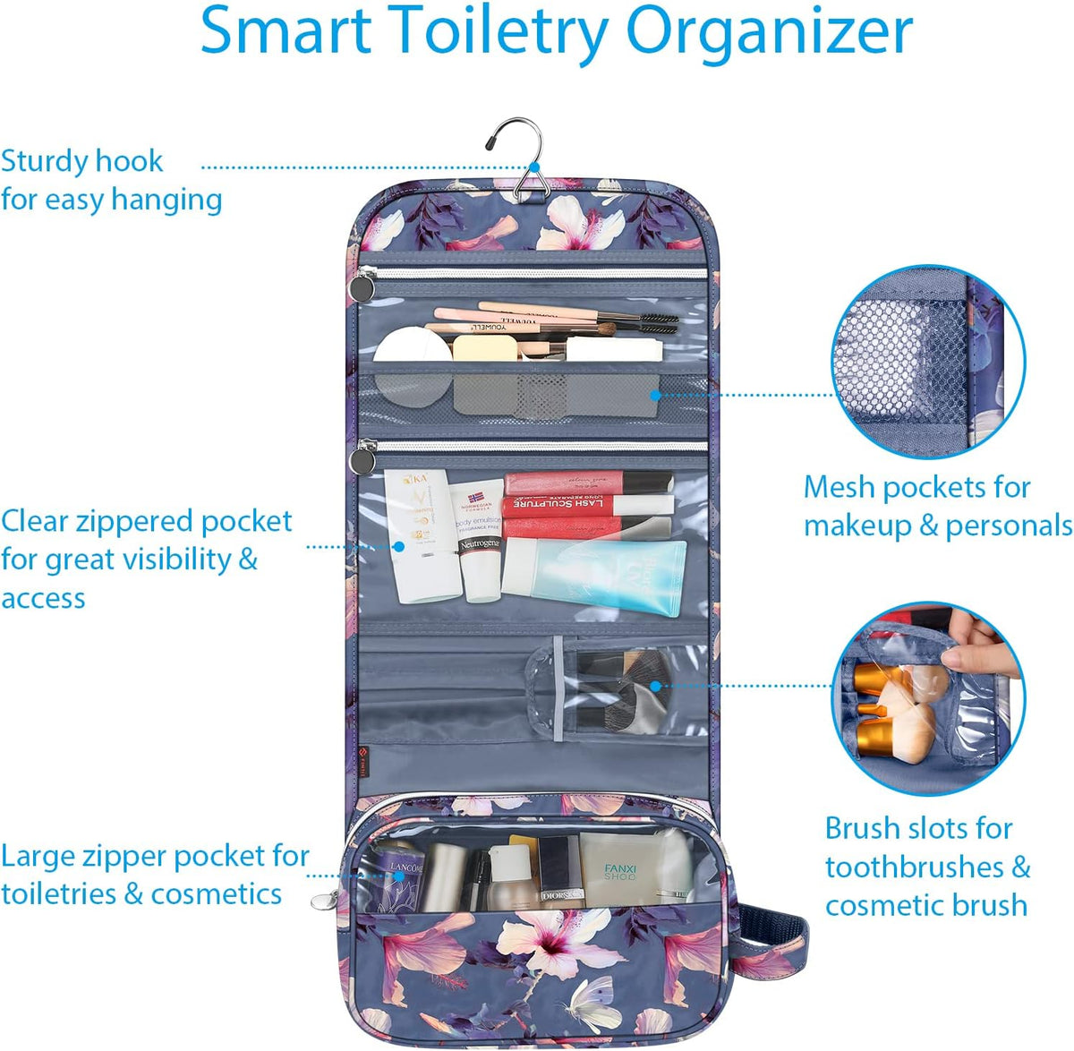 Portable Toiletry Cosmetic Travel Bag, Large Water Resistant Hanging Makeup Organizer Storage Pouch Case for Women Girls (Jungle Night)